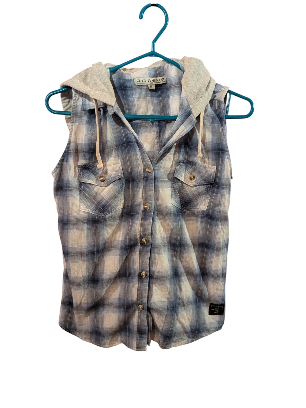 Women Blue Plaid Sleeveless Button-Down Hooded Shirt